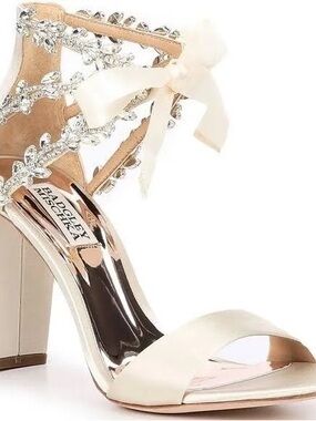 Badgley Mischka “Everafter” Ivory Satin Crystal-Embellished Ankle-Strap Bow